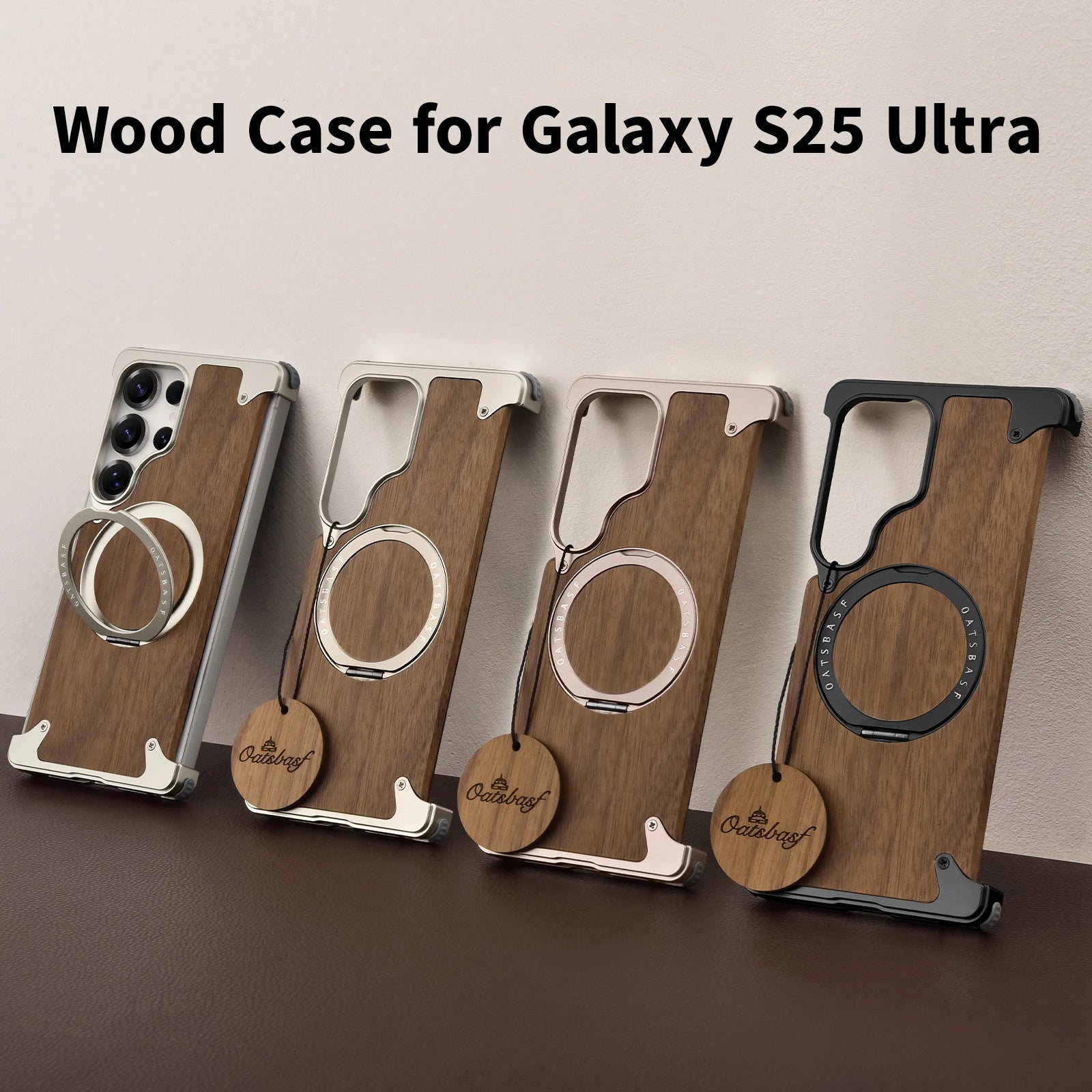 Oatsbasf wood phone case for samsung galaxy s25 s24 ultra with stand 360° rotatable magsafe bumper bezel-less