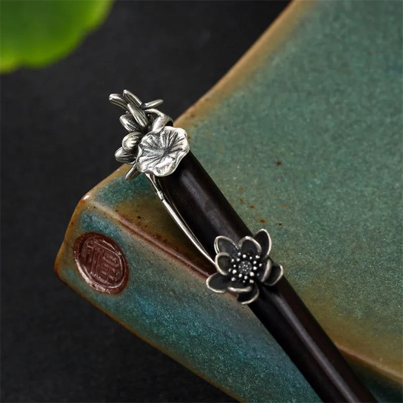 Uglyless natural wood sandalwood ethnic hair sticks for women thai silver lotus flower leaf decorations 925 forks
