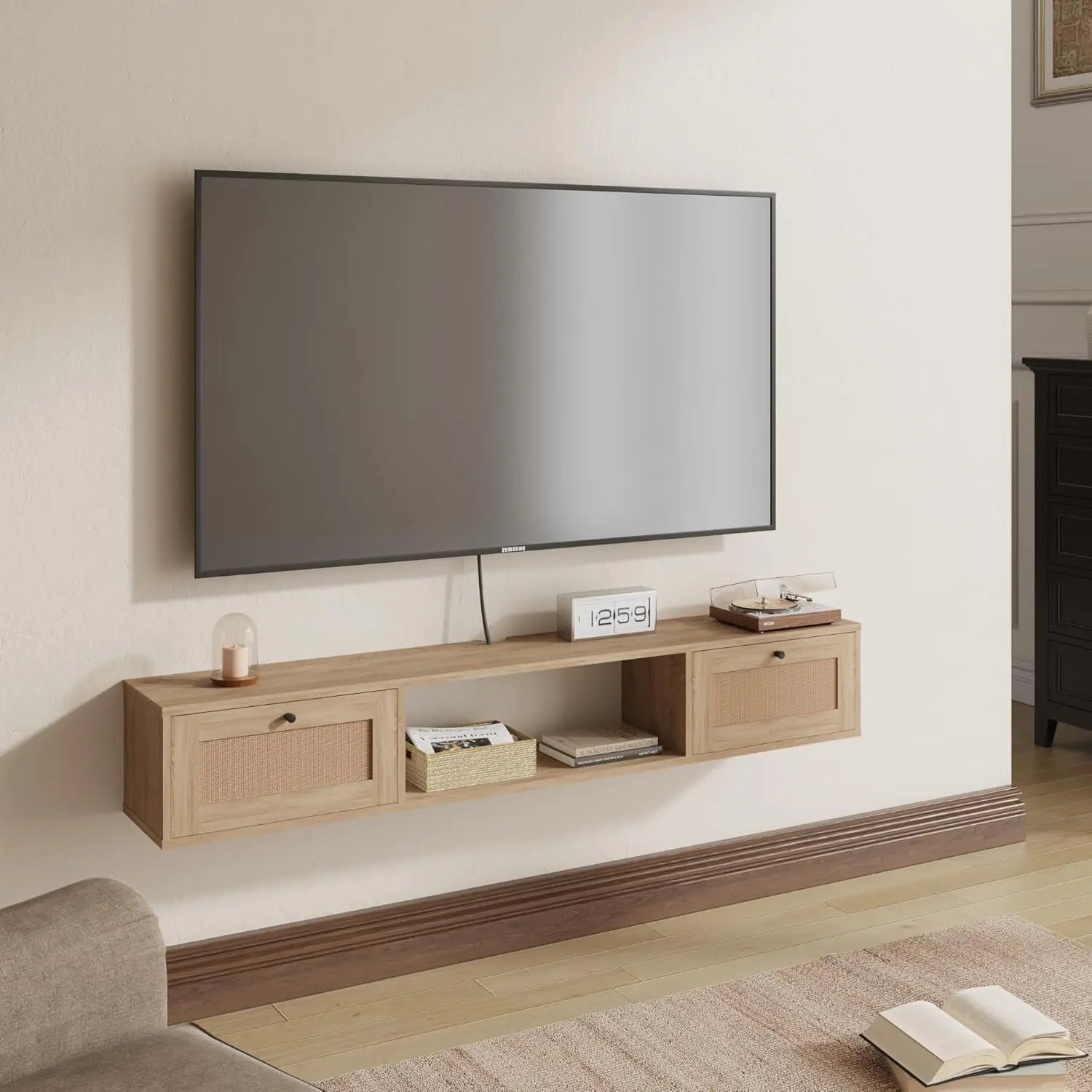 Modern rattan floating tv stand rectangular wall. -mounted with doors entertainment center storage 57 inch - oak