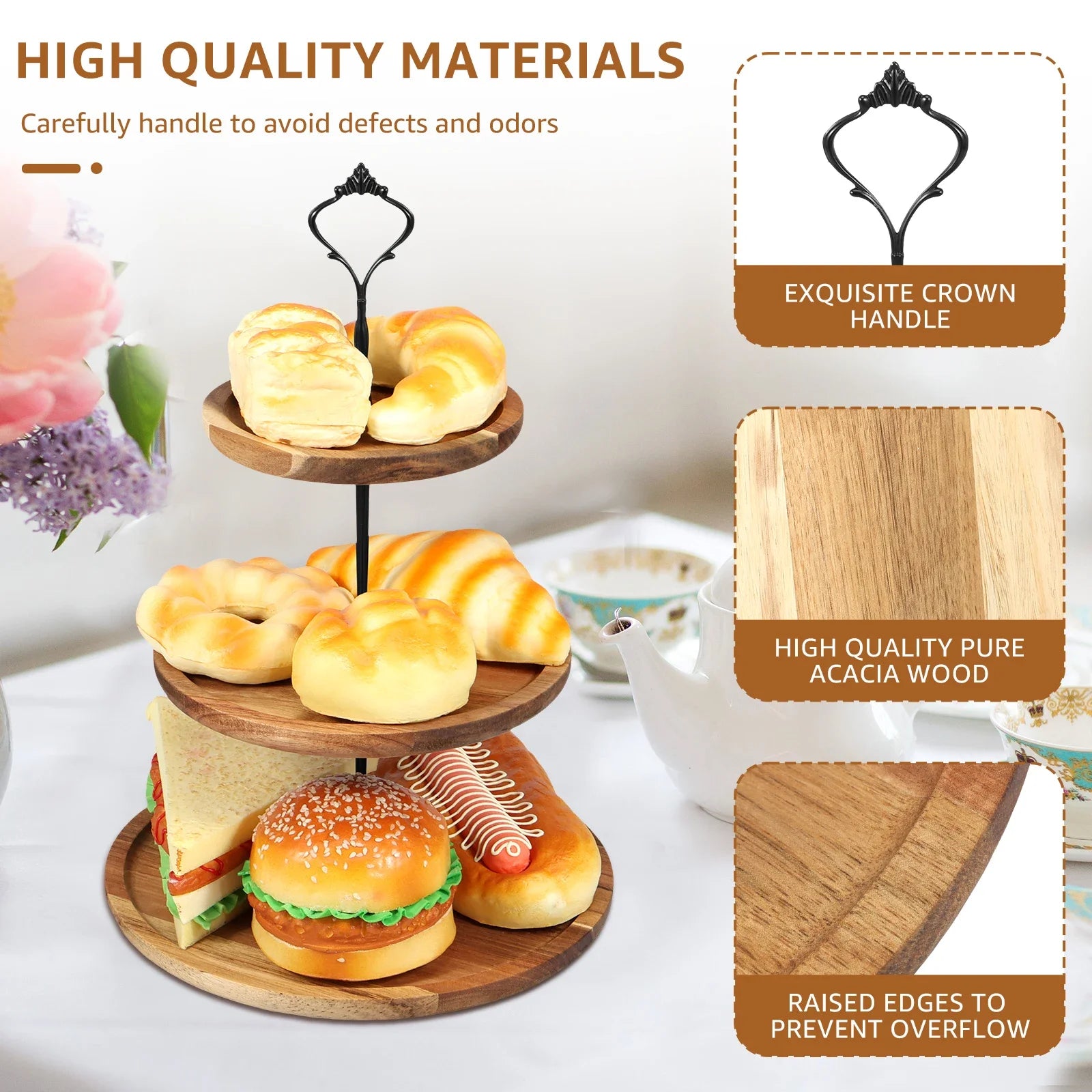 Cupcake stand with serving tray and metal rod rustic wooden tiered decorative display dessert - three layer