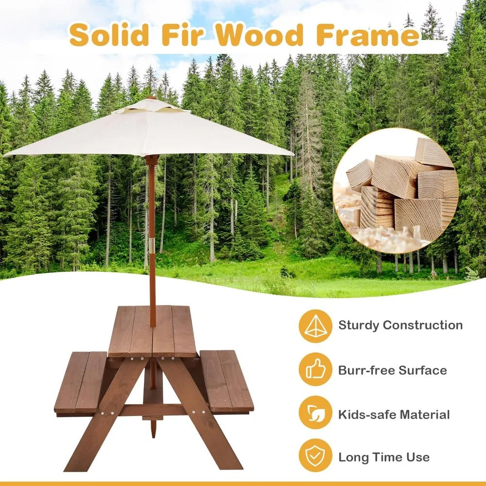 Kids picnic table outdoor wooden bench set w/removable umbrella children backyard furniture for patio garden toddler