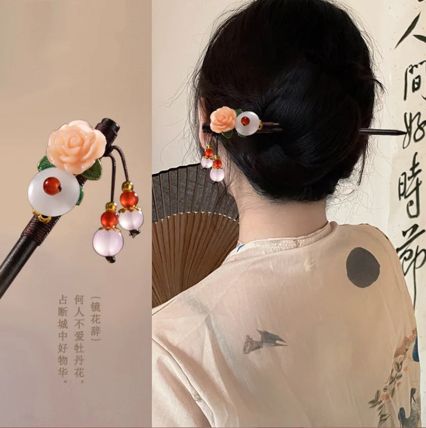 Wood tassel step shaking hairpin chopstick hair stick ancient ornament pan headdress flower styling accessories gifts