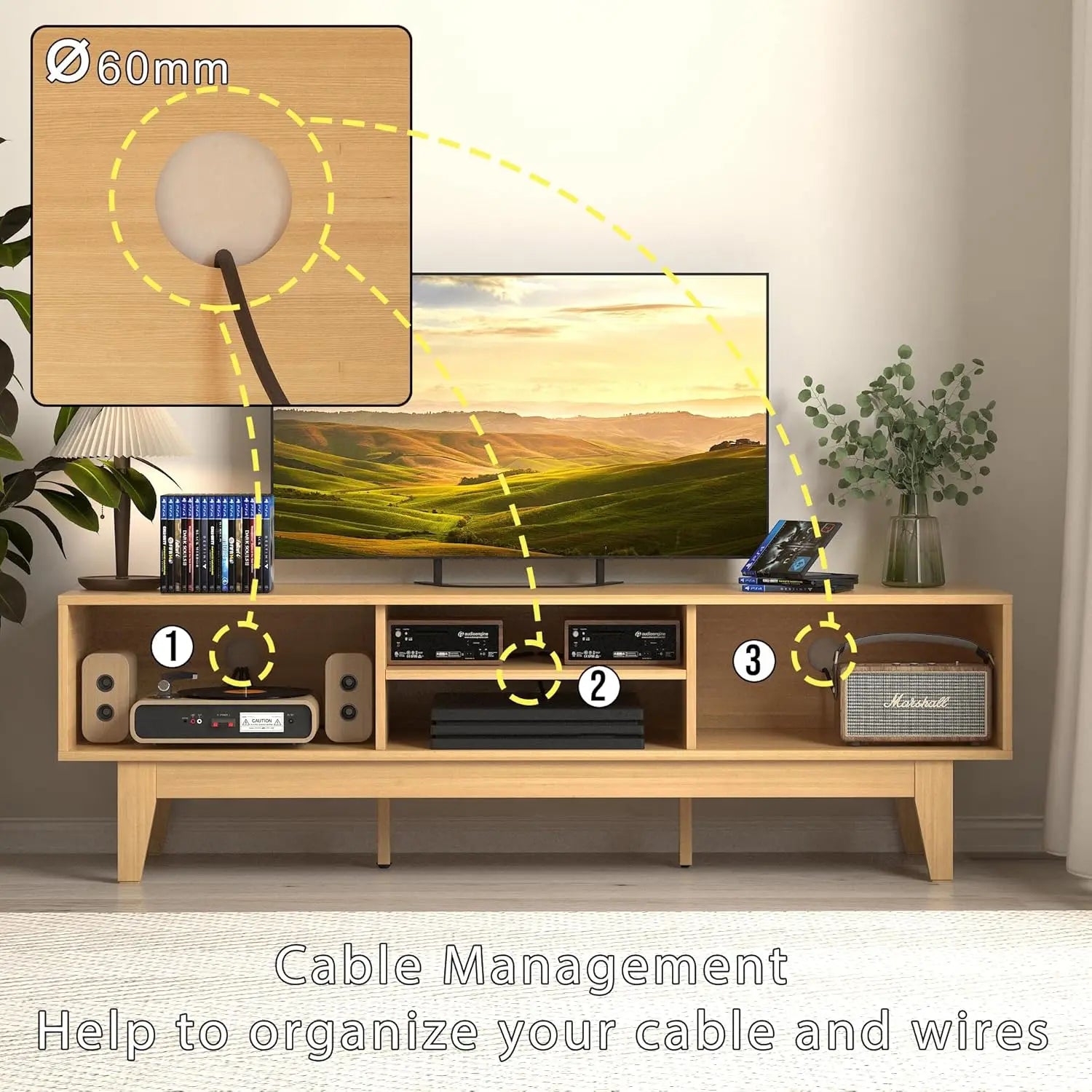 Boho tv stand for 55 65 inch rattan entertainment center with shelves cabinets and sliding doors media console table