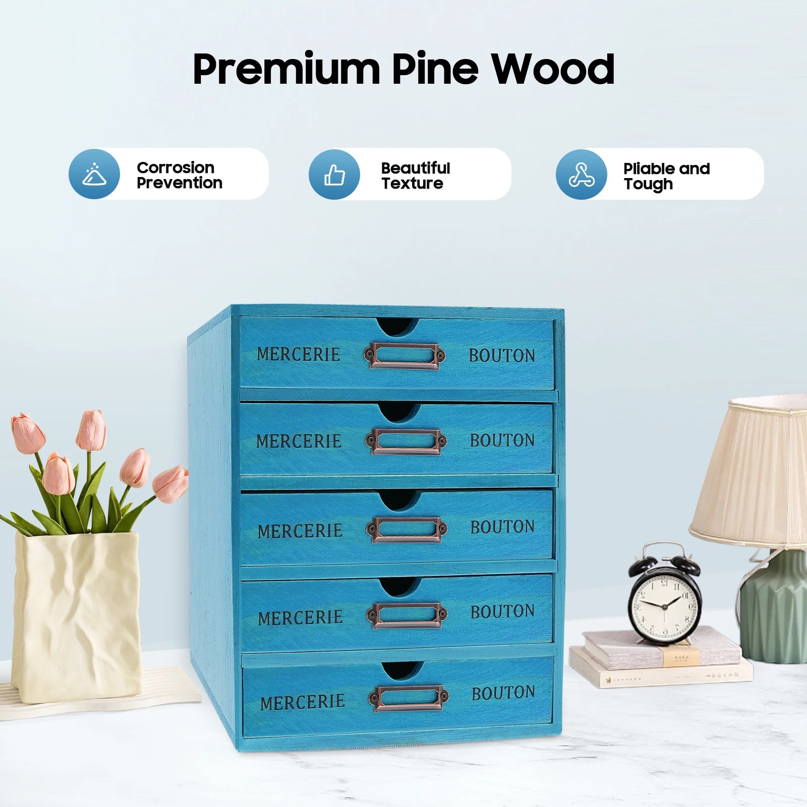 5-tier drawer organizer pine wood vintage blue spacious storage desk file with label holders - united states