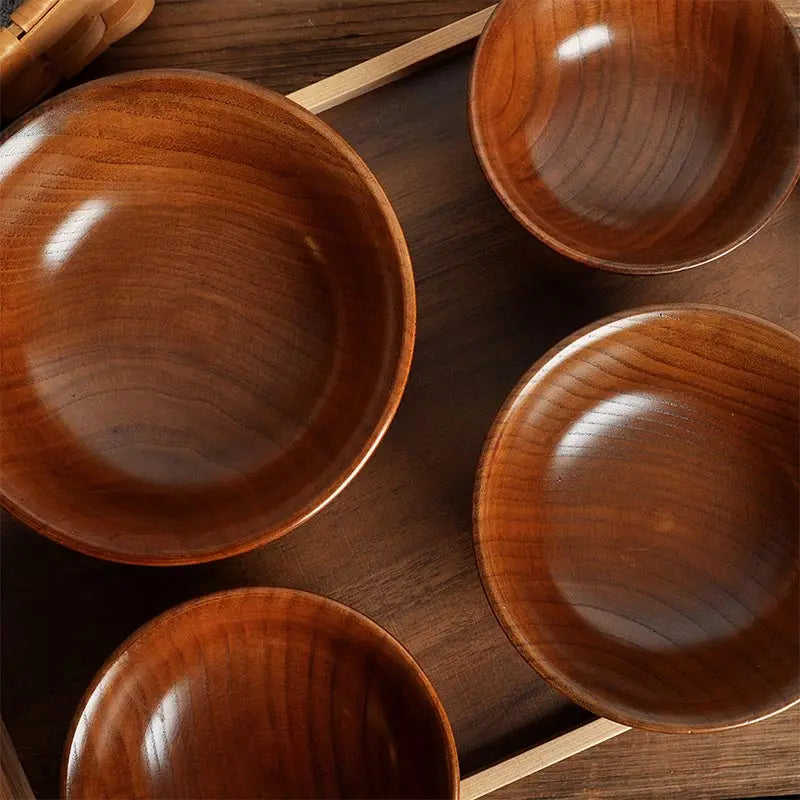 Natural wood bowl set wooden salad ramen bowl,anti edge high foot milk tea restaurant creative anti scald 15cm