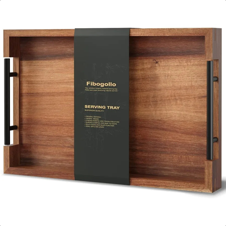 Acacia wood serving tray with metal handles15x10in ottoman decorative trays platter for coffee table living room bar