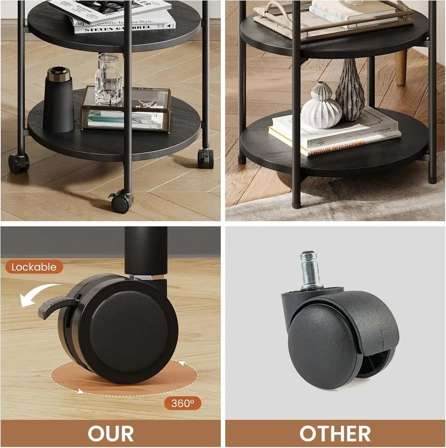 Side table 3-tier modern end with wheels small round nightstand bedside for living room bedroom or spaces - united