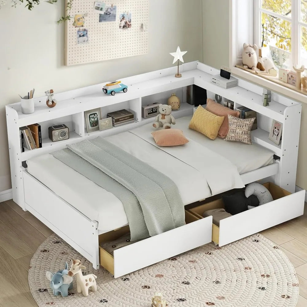 Full size daybed with storage and drawers l-shaped corner bed frame bookcase headboard solid wood captains