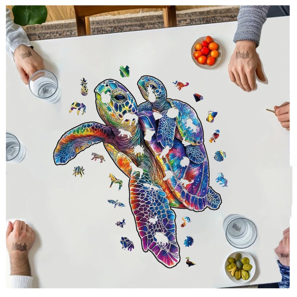 3d turtle father and son wooden jigsaw puzzle，ideal gift for adults artistic brain teaser unique irregular animal shape