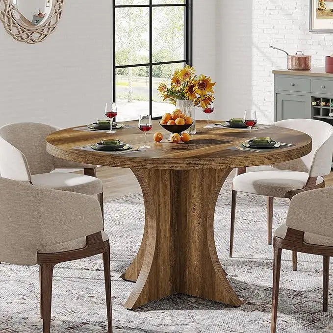 Round dining table for 4-6 47.24-inch farmhouse kitchen wood with pedestal base small dinner di - united states
