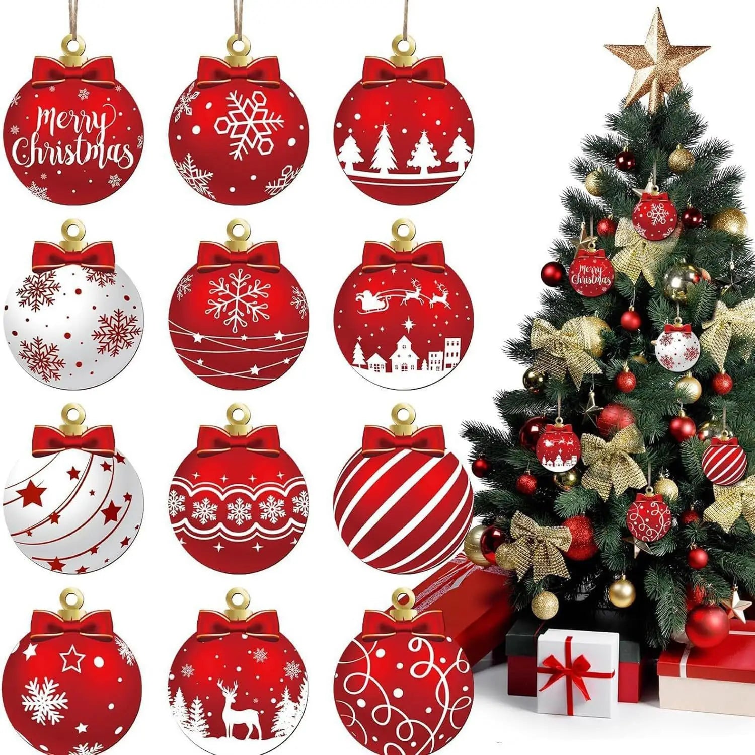 12pcs/setred and white wooden christmas ball ornament，elk snowflake pattern party hanging decoration supplies winter f
