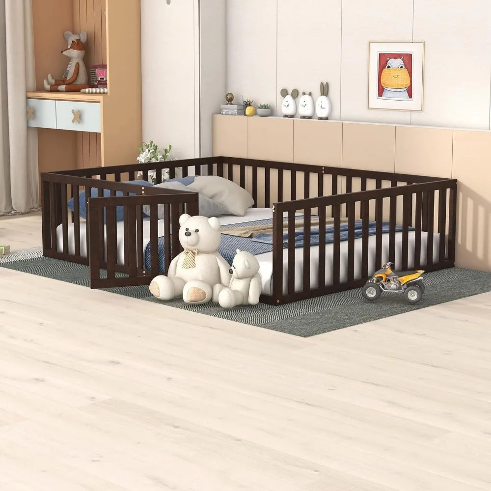 Harper & bright designs queen size floor bed with rails montessori wood frame fence and door for - united states