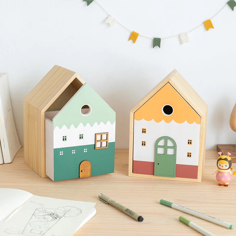 Wood storage box cute house desk drawer organizer large capacity pencil holder makeup brush stationery home office decor