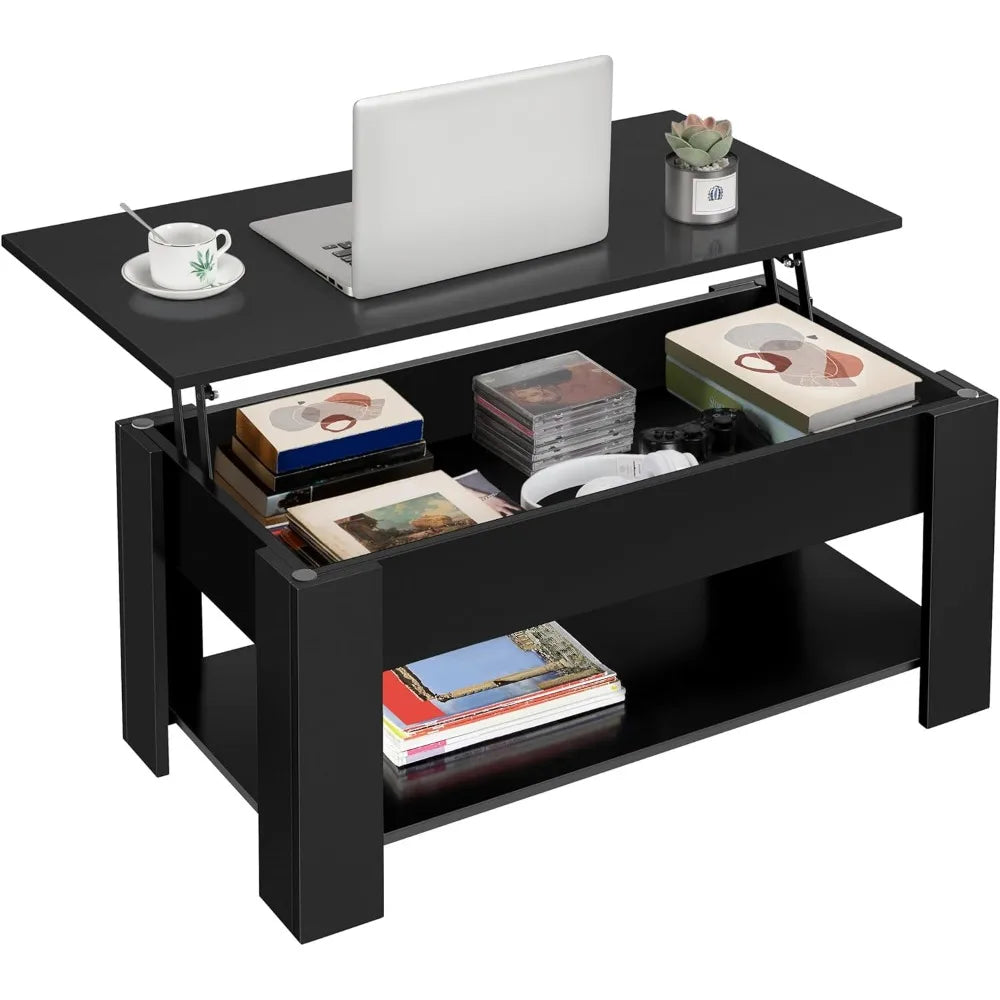 Wooden lift-top coffee table with spacious storage and dining functionality for living rooms - united states / black