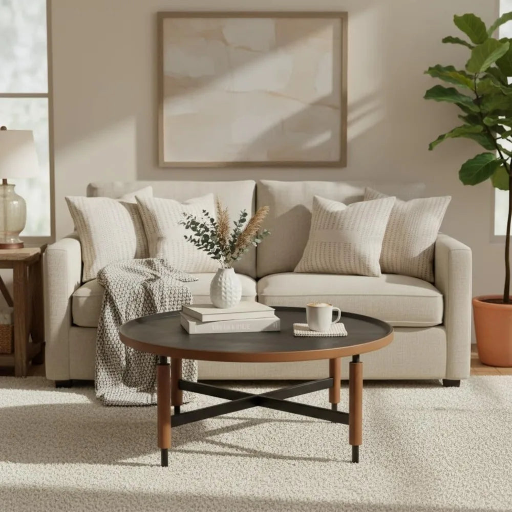 Modern round coffee table circle wooden top with black cross legs base rustic vintage living room easy assembl - united