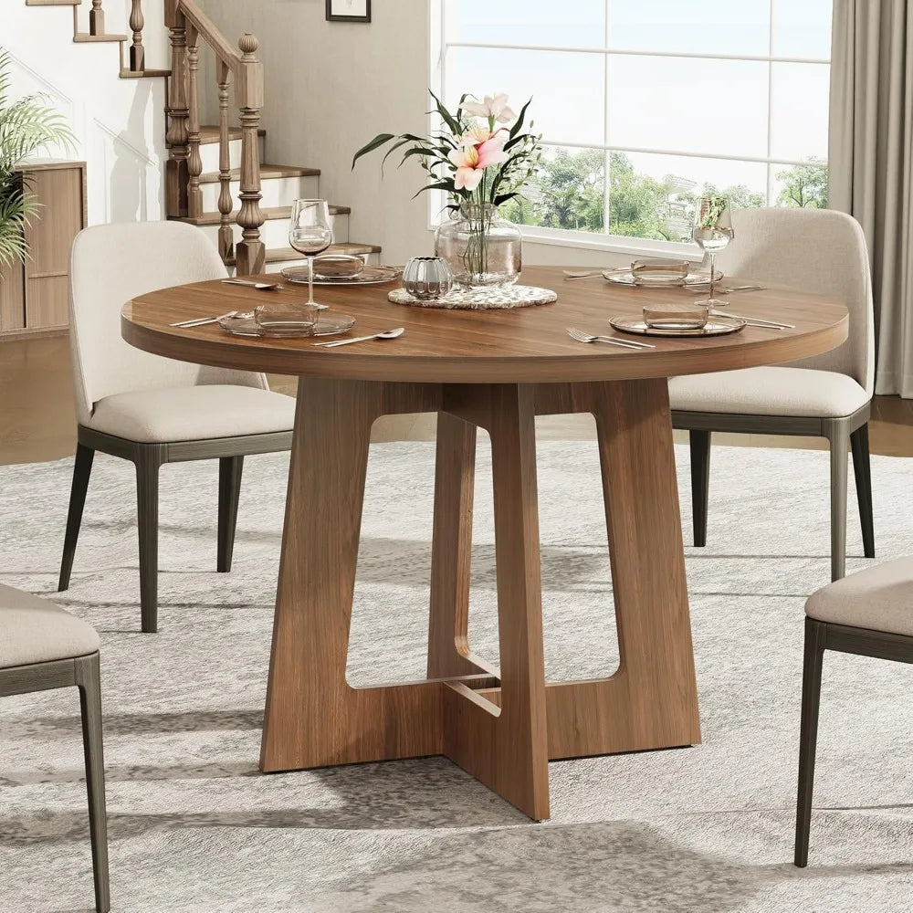 Farmhouse style wooden round dining table for 4 perfect home kitchen and living room - united states / walnut brown