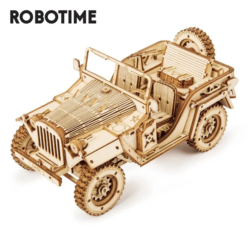 Robotime rokr 3d wooden puzzle montessori toys steam train army jeep heavy truck model building kits for kids