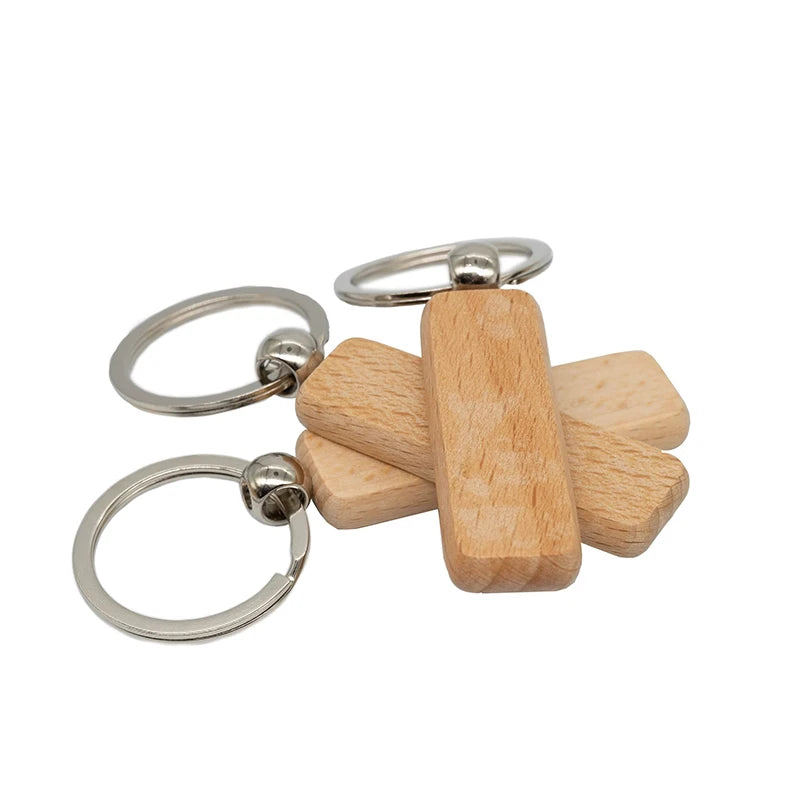 50pcs rectangle car blank chain gifts anti lost keychain natural wood key ring - slender rectangle