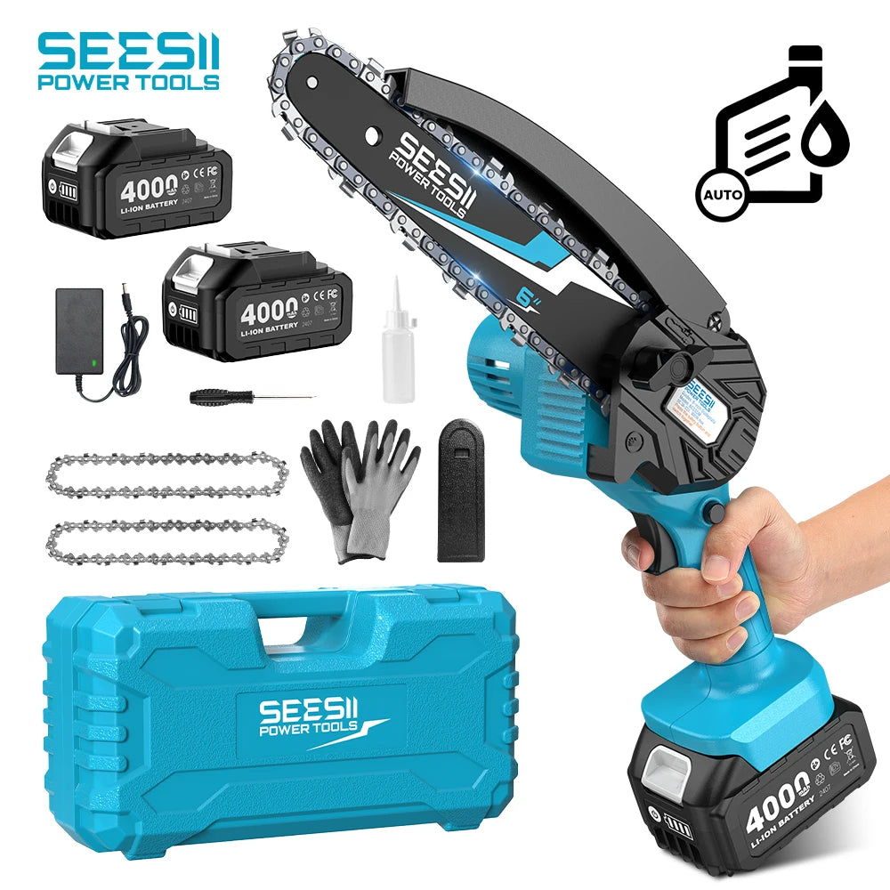 Seesii 6’’cordless mini chainsaw 15.2cm electric saw rechargeable woodworking garden pruning for makita 18v battery pin