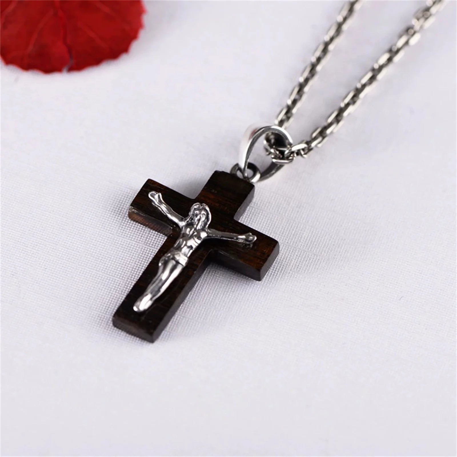 Wooden cross sterling silver 925 crucifix little pendant necklace for men women catholic religious jewelry