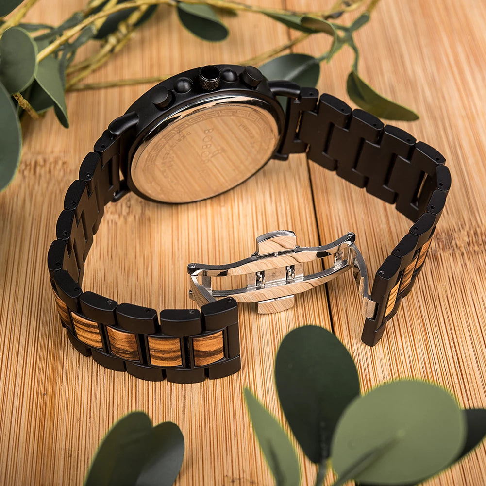 Bobobird luxury men watch top quartz chronograph personalized wristwatch timepiece metal wooden strap gift box relogio