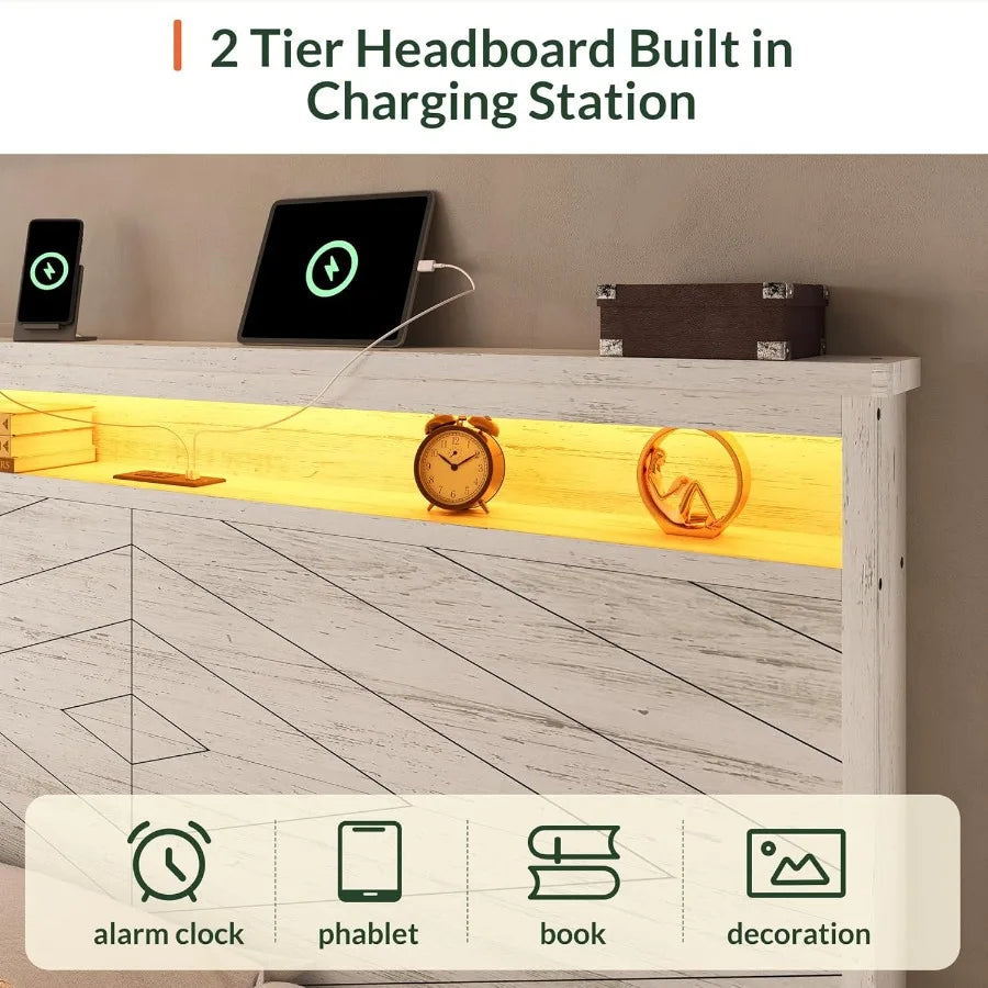 King size bed frame with 2 storage drawers and headboard wooden platform led lights charging station easy as - united