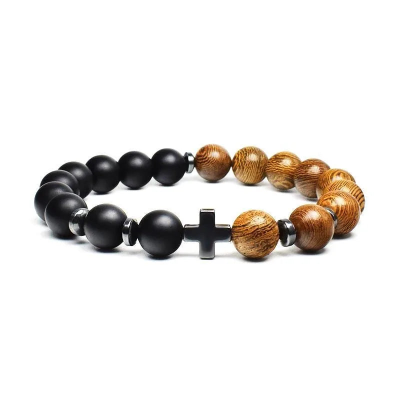 Cross bracelet men’s religious rosary wooden beads popular jewelry christian crucifixes decoratio frosted stone beaded