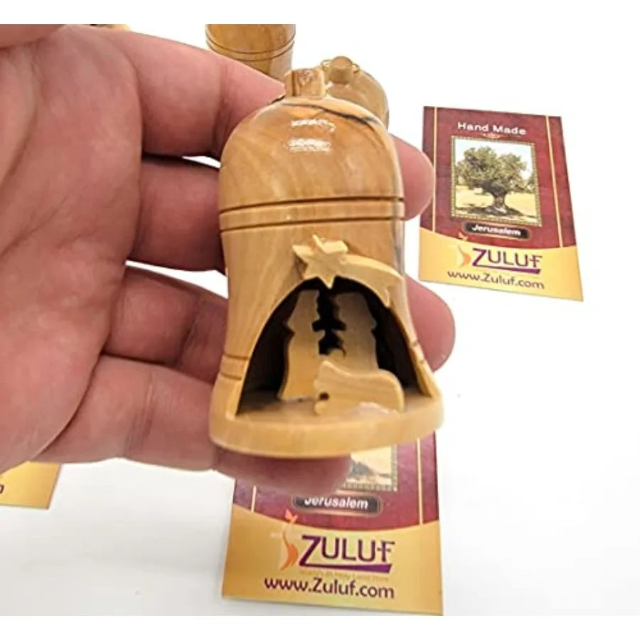 Zuluf bulk olive wood bell christmas ornaments from bethlehem - religious nativity catholic chrismons for tree holy l