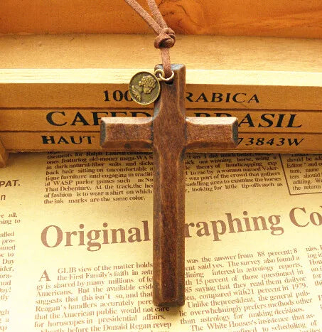 Retro artistic wooden cross nelace korean faion pendant long men’s sweater chain hanging decoration ex version - disc