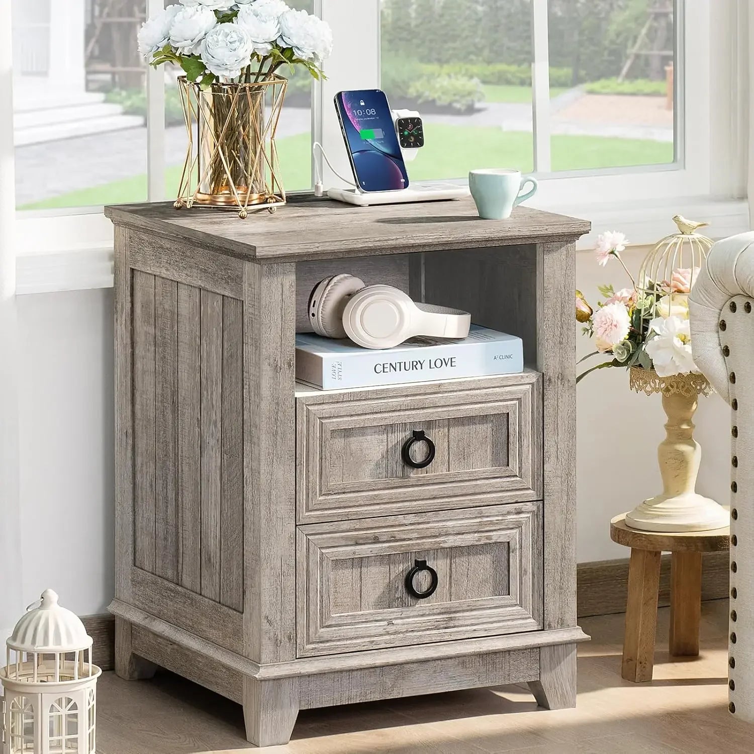 18’’ farmhouse night stand with charging station 2 drawers end table dresser for bedroom blue wooden nightstand bed