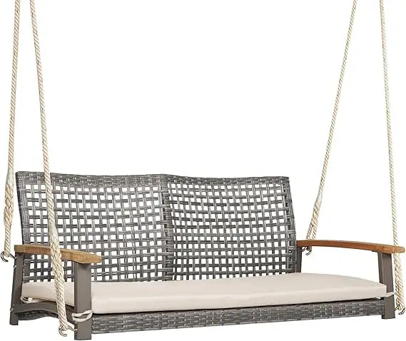 2-person patio porch swing chair outdoor rattan bench with acacia wood armrests & two 118” hanging ropes seat - united