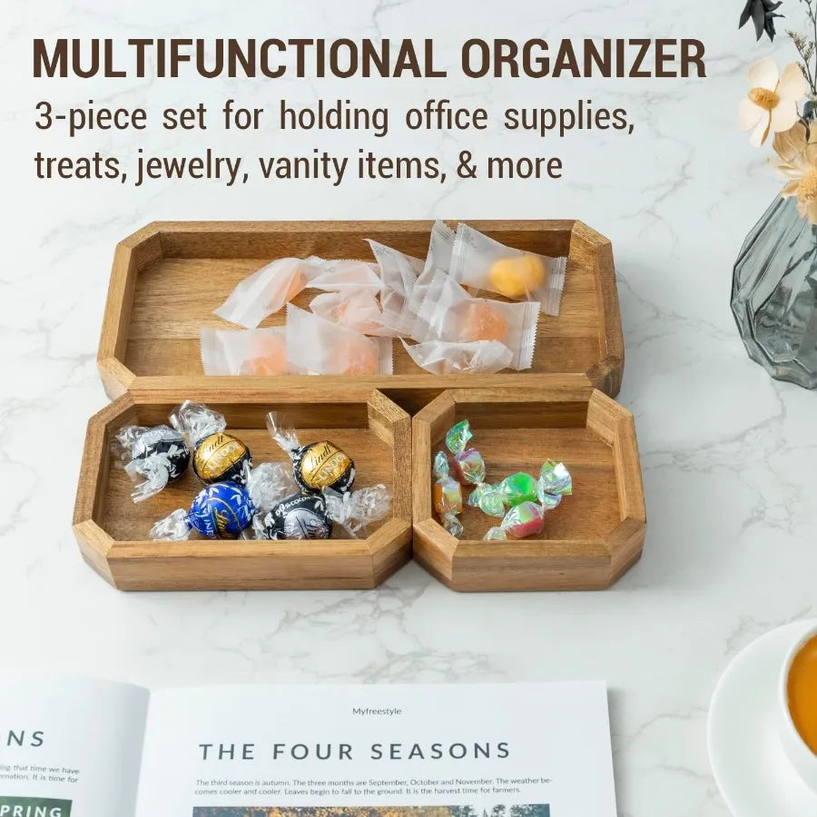 Premium solid acacia wood octagonal desk organizer trays for office and home use 3-piece set with elegant storage
