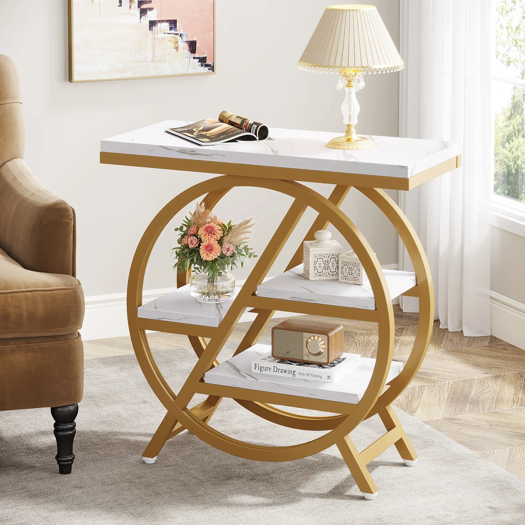 Tribesigns end table for living room 3-tier narrow side with storage wood sofa geometric metal frame - white and gold