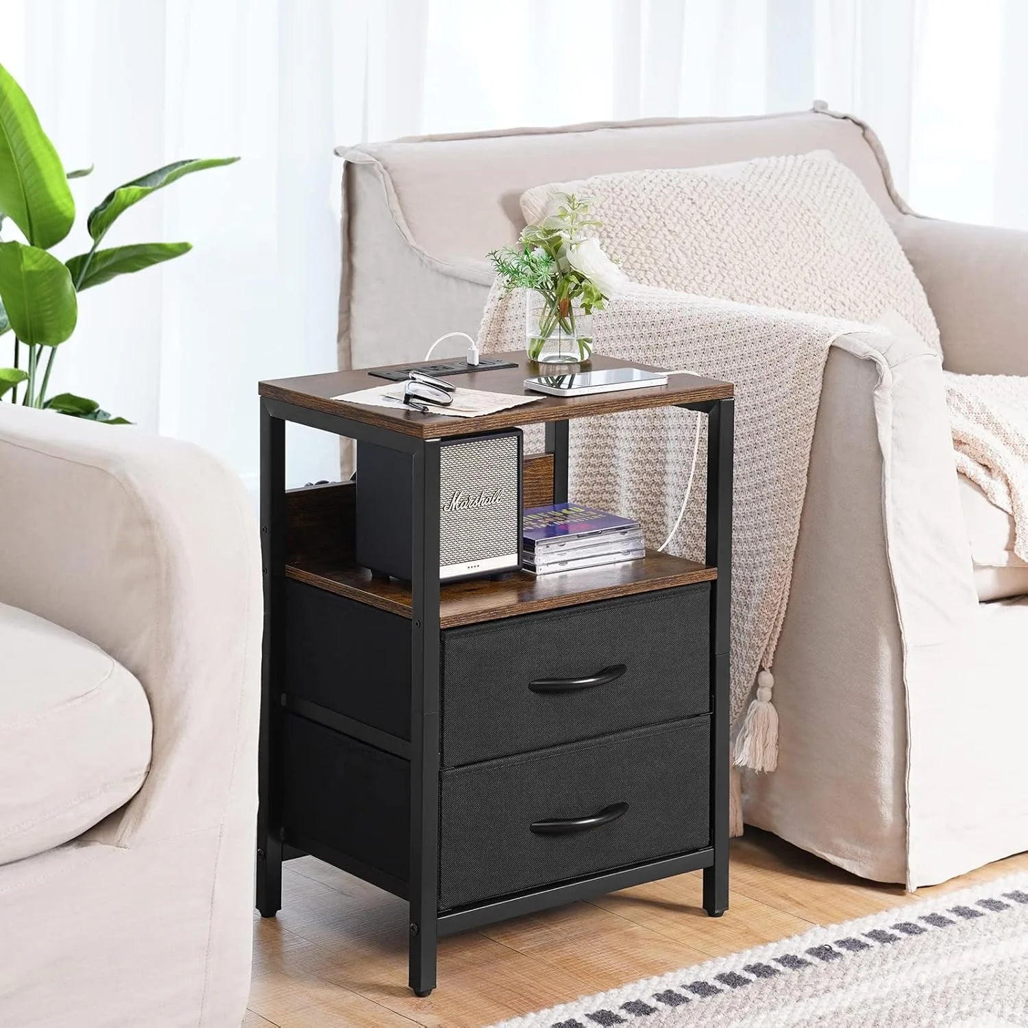 Nightstand with charging station small night stand fabric drawers and storage shelf for bedrooms nightstands - black