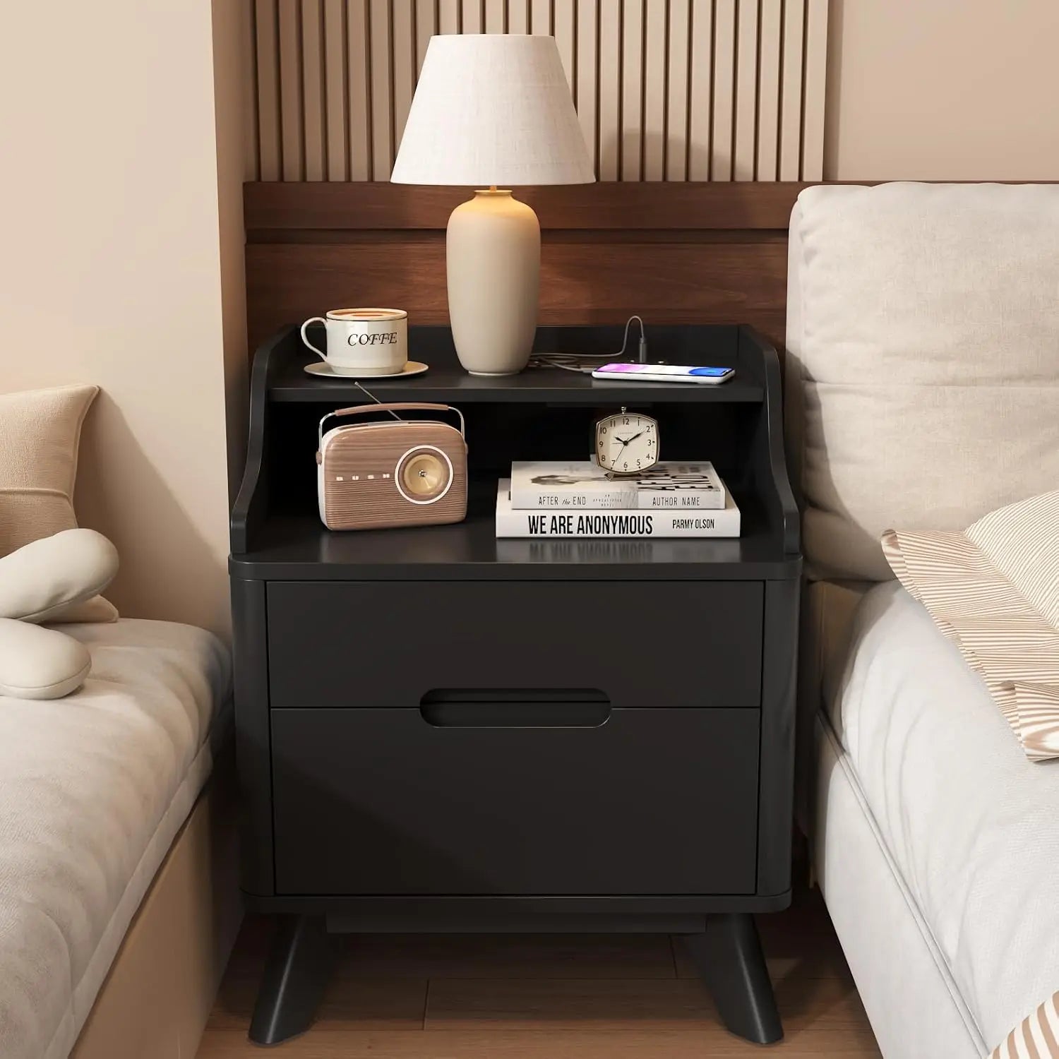 Nightstand with charging station 21’’ tall w/2 storage drawers wood night stand hidden handle 17’’ wide modern - black