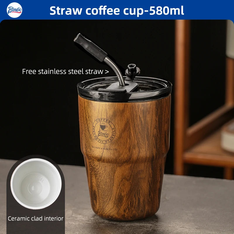 Bincoo thermal flask insulated coffee cup 580ml water mug with straw leakproof wood stripe bottle ceramic liner