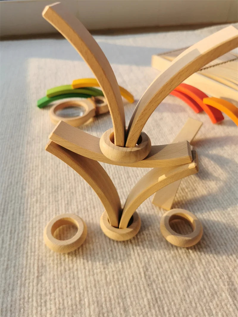 New beech wood arch stacking blocks rainbow bending wooden building timber toys set for kids creative play - game