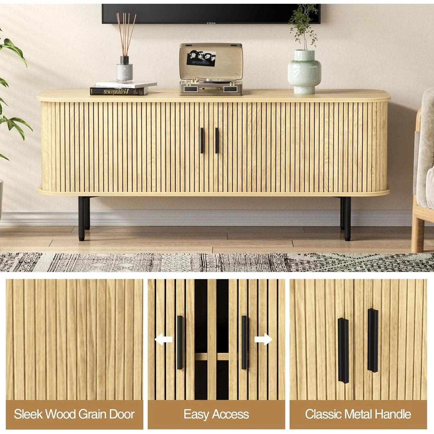 Vabches tv stand for up to 65 inch tvs wood storage cabinet with fluted sliding door console table credenza living room