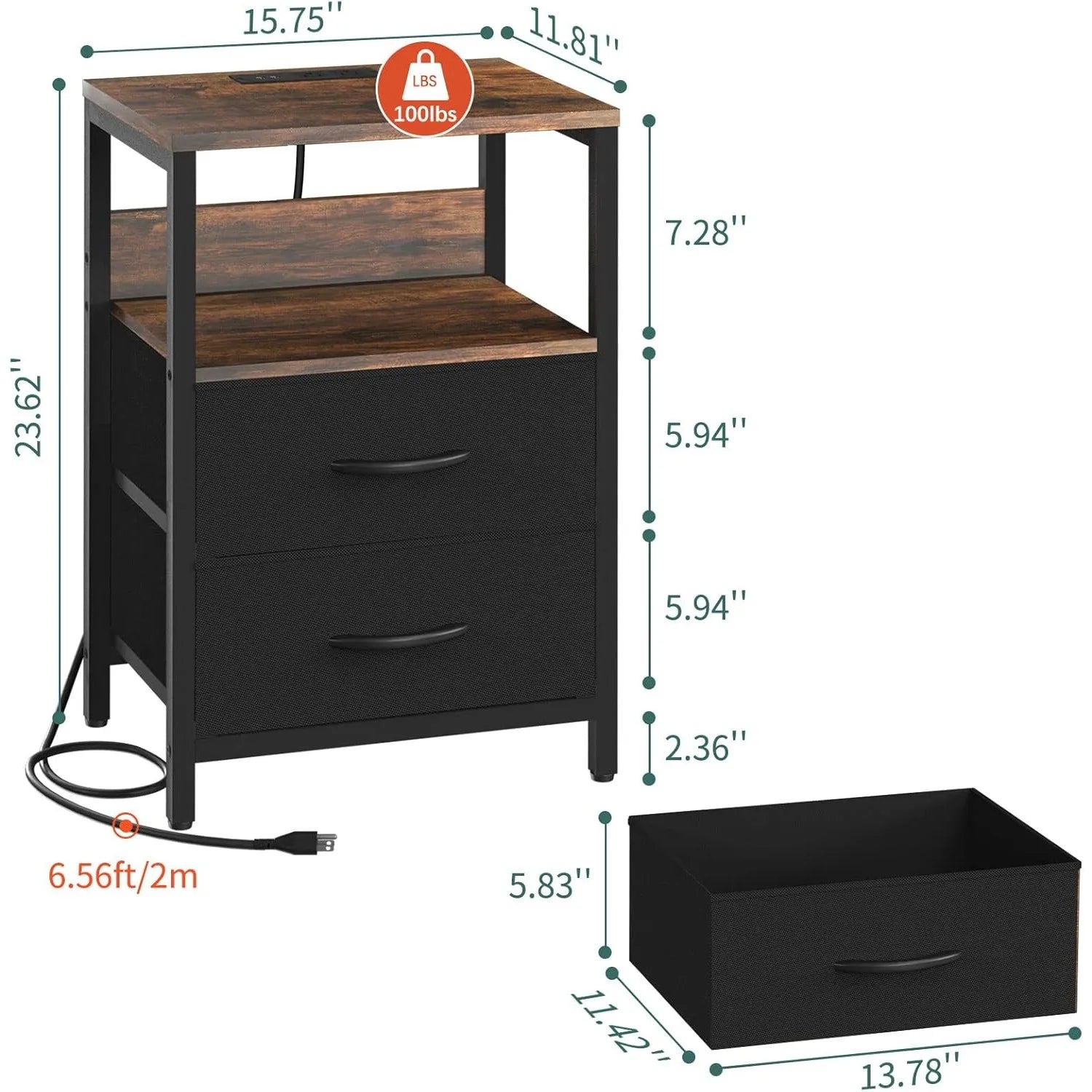 Nightstand with charging station small night stand fabric drawers and storage shelf for bedrooms nightstands - black