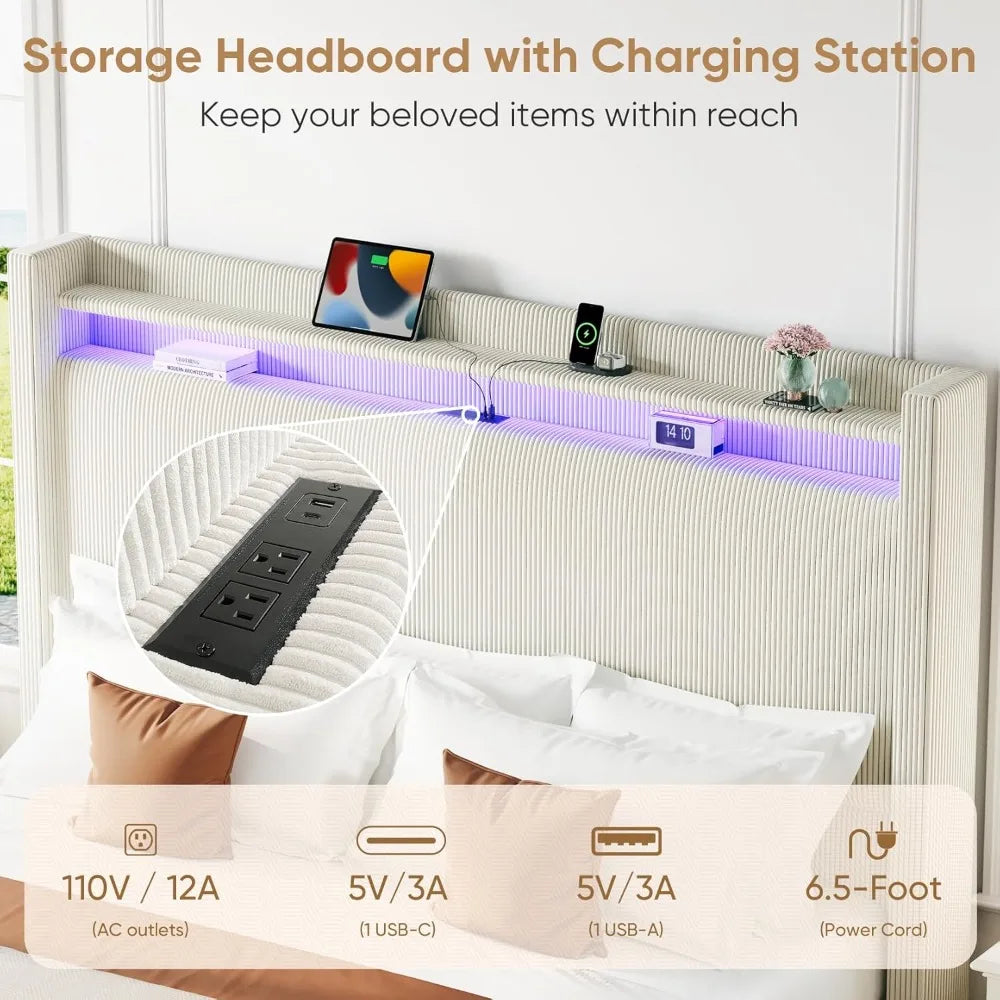 King size upholstered platform bed frame with tall headboard 55.3’’ corduroy led lighted charging station - cream