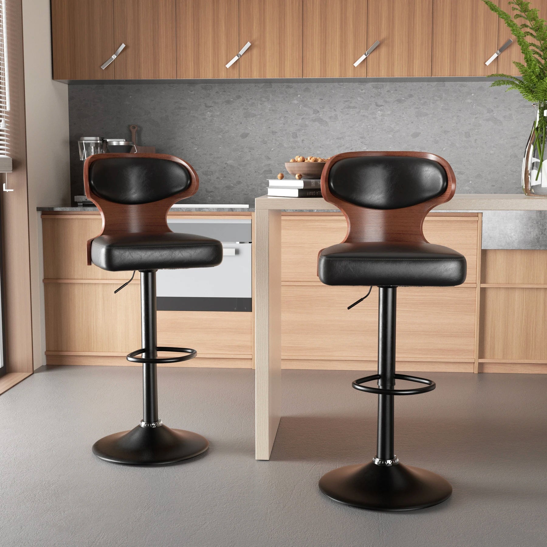 Bar stool 2pcs set backrest footstool dining chair solid wood rotating stools pu leather soft cushion dinng home