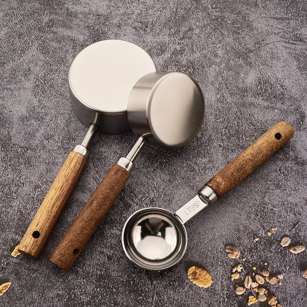 8pcs stainless steel measuring spoons set wooden handle with scale for baking cooking kitchen tools