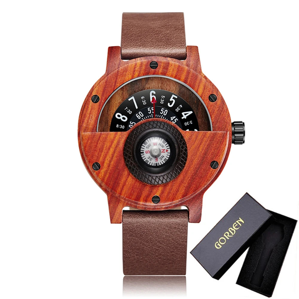 Natural wood watch men’s rotary table compass dial real walnut ebony bamboo brown concept quartz - w208-2 with box