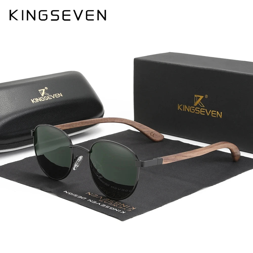Kingseven round new sunglasses wooden polarized uv400 protect glasses hd tac lens for men women handmade gift eyewear