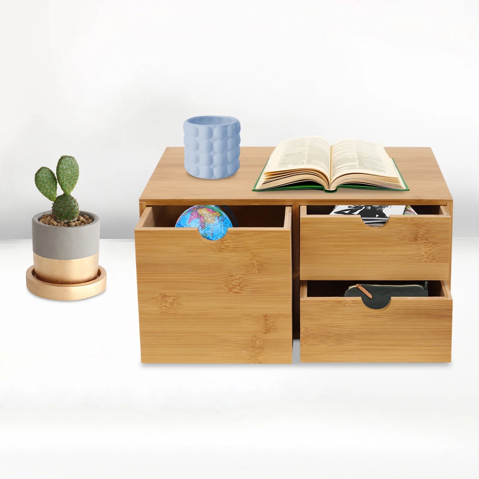 Bamboo desktop organizer office home drawer box tabletop storage with 3 drawers (one left two right) - united states