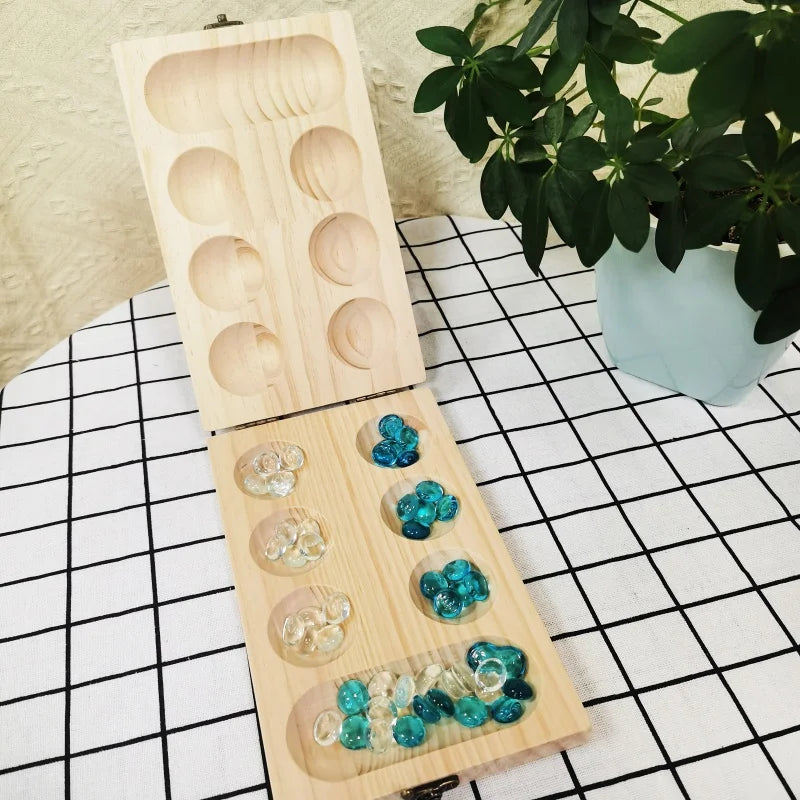Authentic wooden mancala board game - handcrafted traditional african set with beads - light yellow