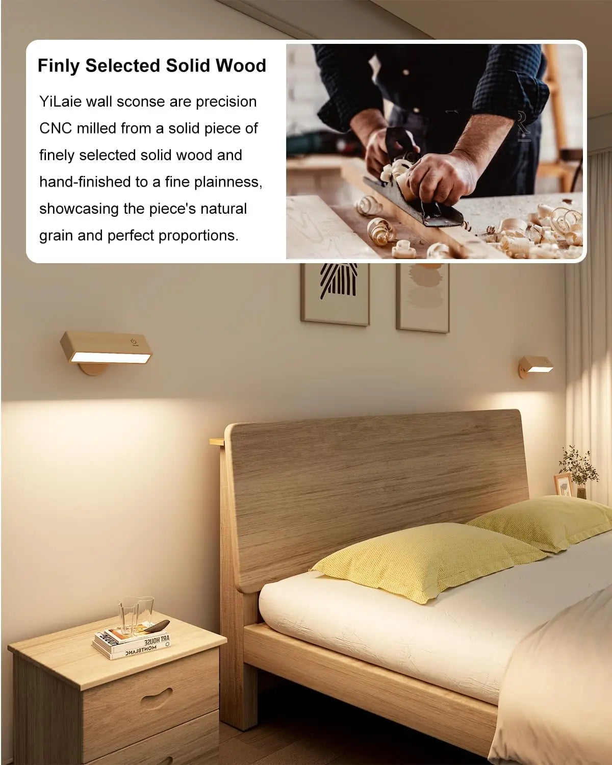 Nordic wood wall lamp with 360 rotation dimmable sconce magnetic for bedroom cordless mount light reading