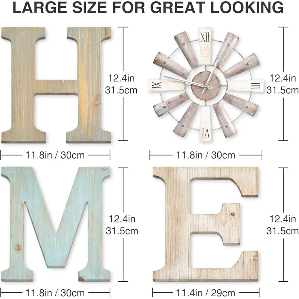 Farmhouse wall decor rustic home signs windmill clock iron wood letters art living room kitchen entryway dining
