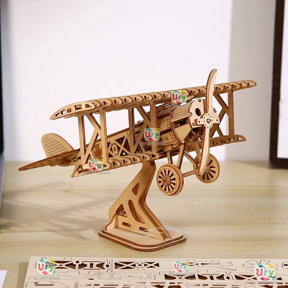 Ury 3d wooden puzzle movable retro biplane crane bulldozer handmade assembly truck model diy toys decoration gift