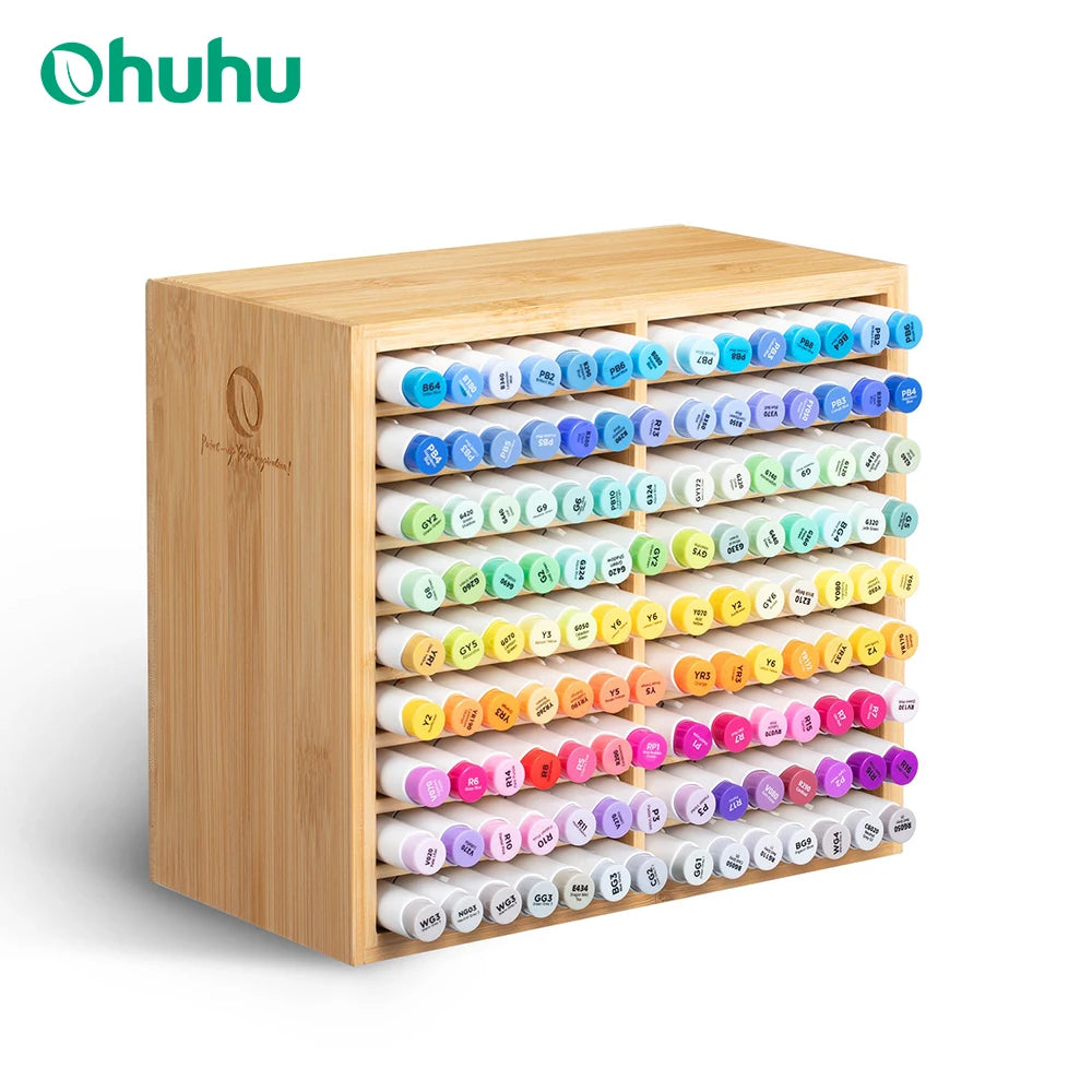 Ohuhu bamboo marker organizer wooden desktop storage hold 126 markers pens pencils art brushes stationary pen holder